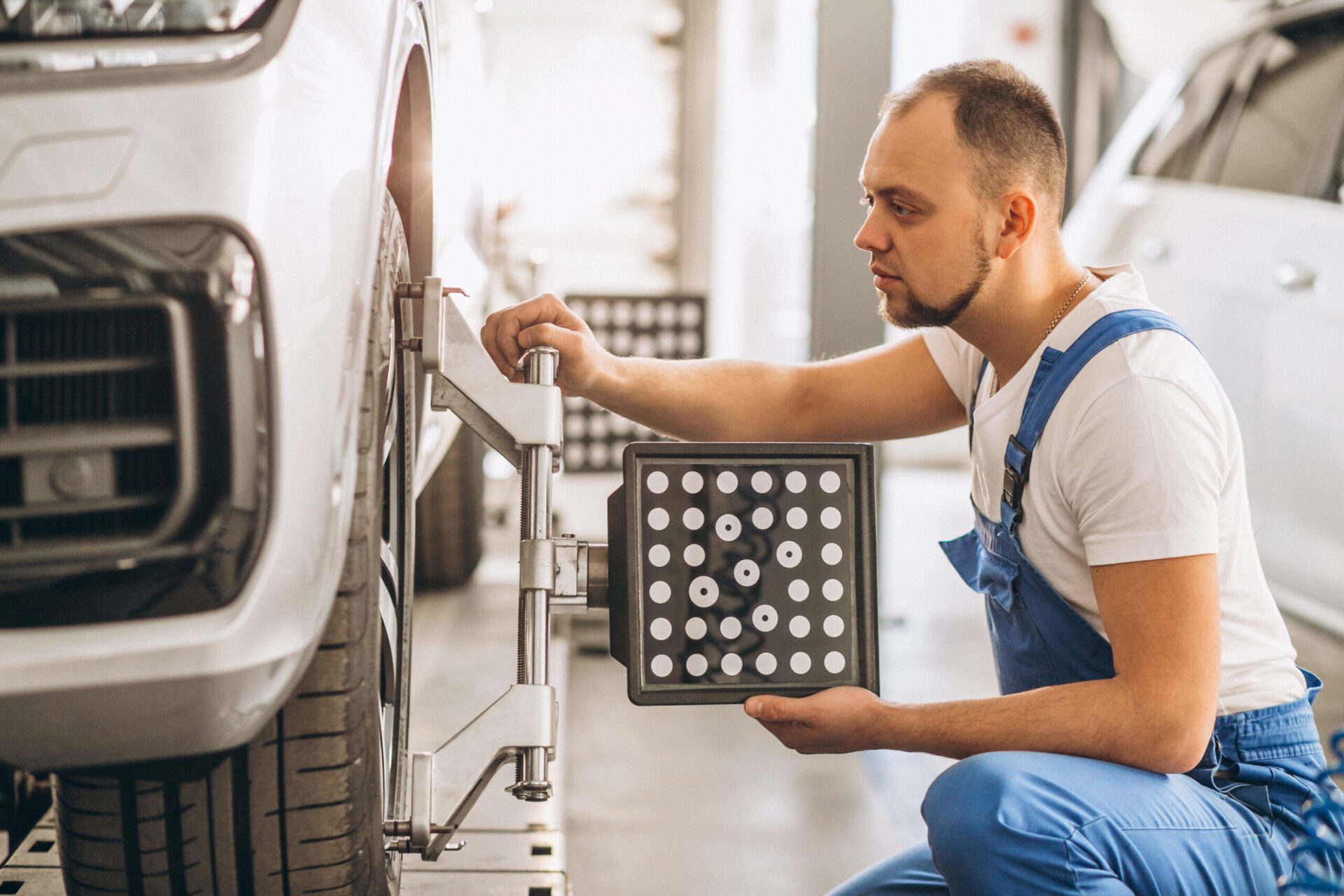 Mechanic Aligning Car Wheel at Work